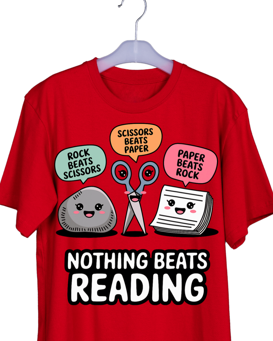 Nothing Beats Reading Teacher Shirt | Cute Rock Paper Scissors Reading T-Shirt | Literacy & Book Lover Graphic Tee