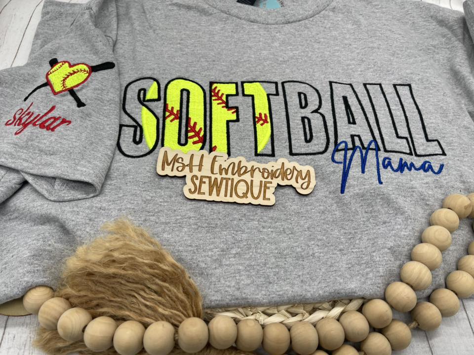 💖 Softball Mama Embroidered Tee | Personalized Heart-Shaped Softball Sleeve | Custom Name Shirt for Proud Moms