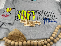 💖 Softball Mama Embroidered Tee | Personalized Heart-Shaped Softball Sleeve | Custom Name Shirt for Proud Moms