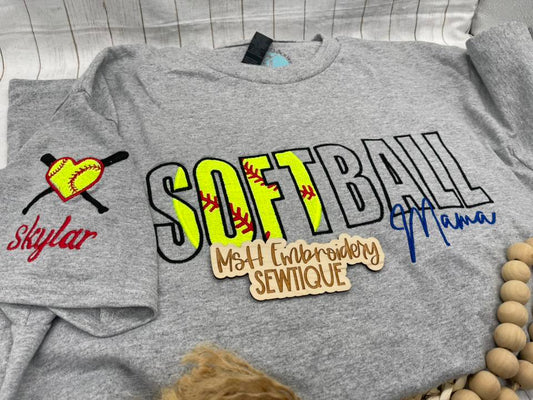 💖 Softball Mama Embroidered Tee | Personalized Heart-Shaped Softball Sleeve | Custom Name Shirt for Proud Moms