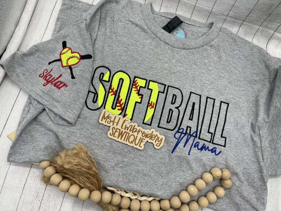 💖 Softball Mama Embroidered Tee | Personalized Heart-Shaped Softball Sleeve | Custom Name Shirt for Proud Moms