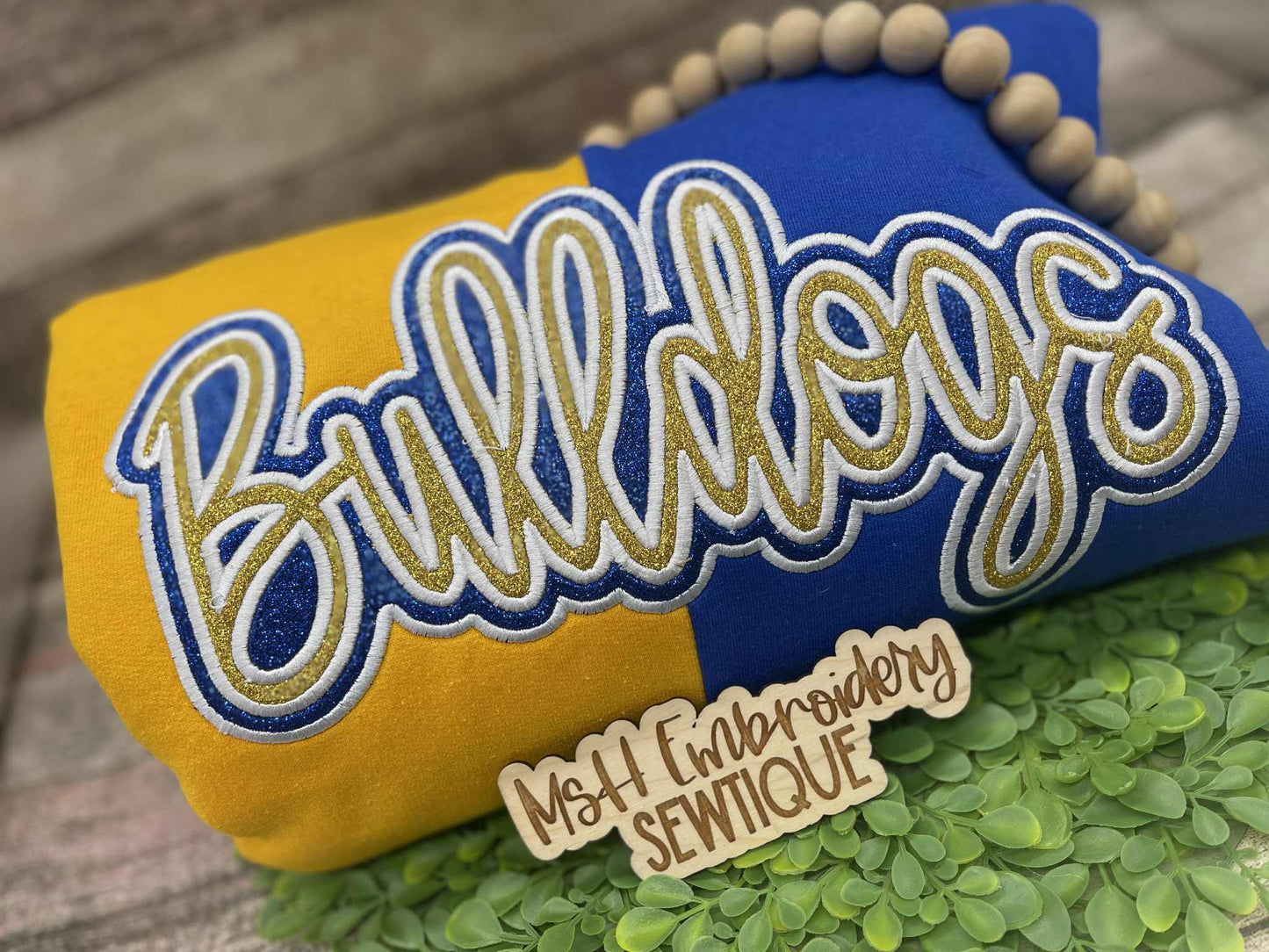 Custom Bulldogs Colorblock Embroidered Sweatshirt | Game Day Spirit Wear | Paw Print Sleeve | School Spirit Crewneck