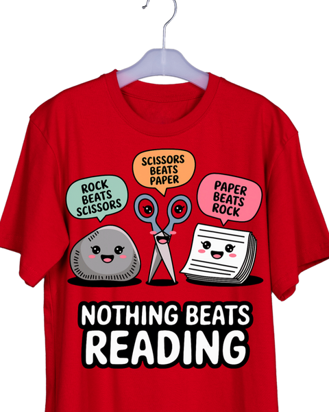 Nothing Beats Reading Teacher Shirt | Cute Rock Paper Scissors Reading T-Shirt | Literacy & Book Lover Graphic Tee