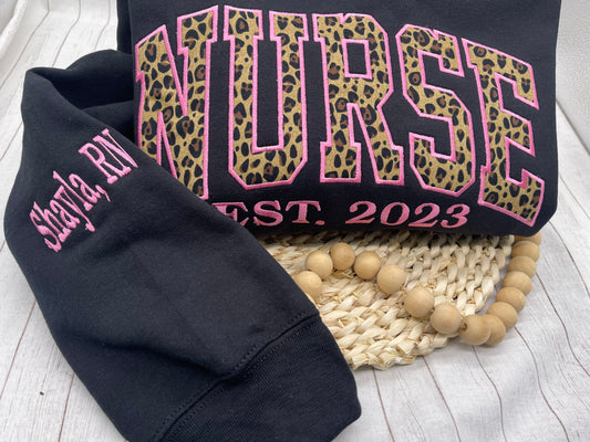 NURSE LEOPARD PRINT EMBROIDERED SWEATER