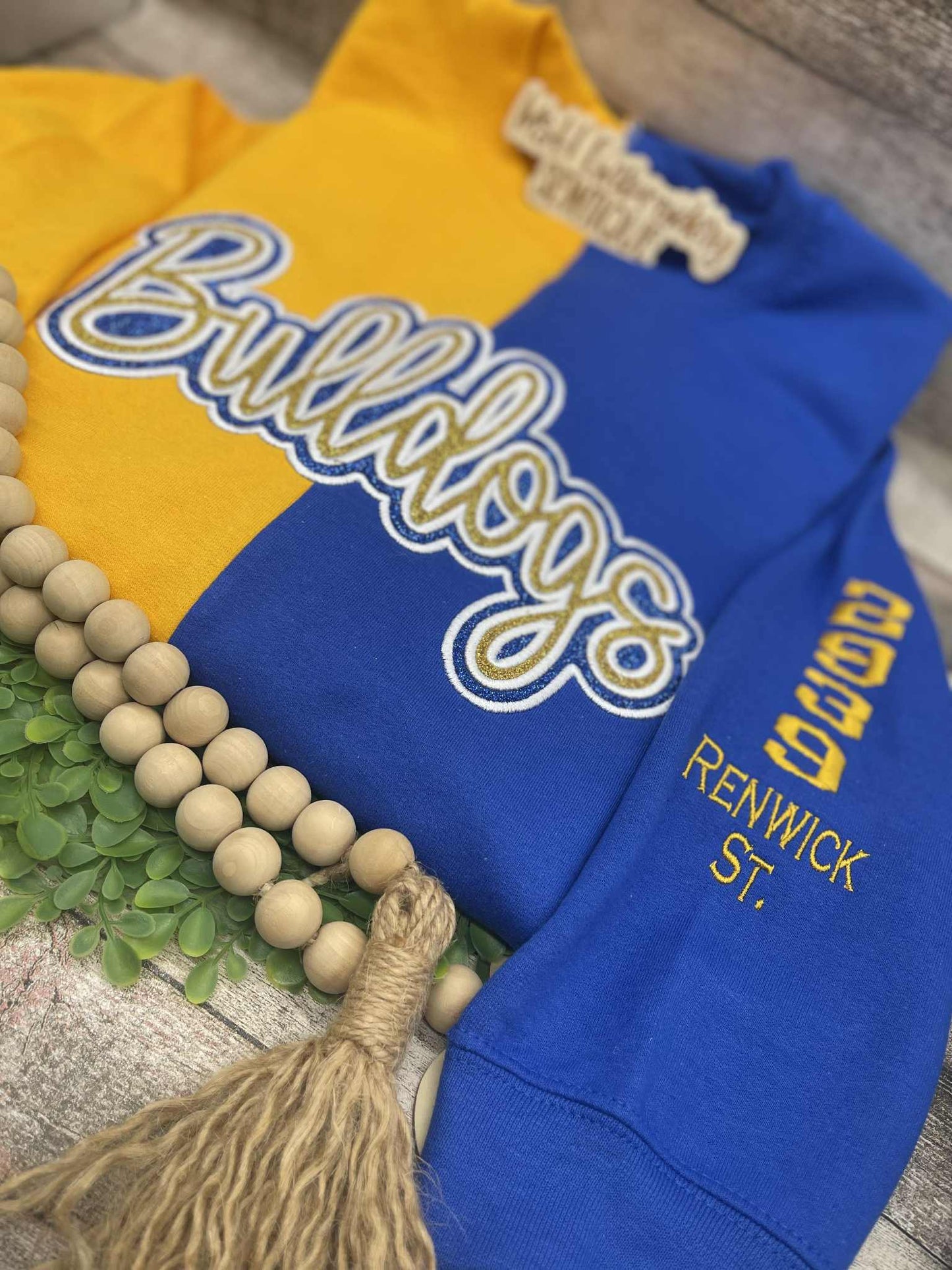 Custom Bulldogs Colorblock Embroidered Sweatshirt | Game Day Spirit Wear | Paw Print Sleeve | School Spirit Crewneck