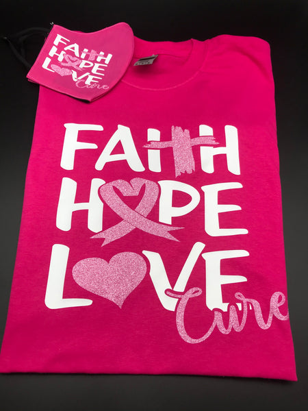 Faith Hope Love Cure Breast Cancer Awareness Shirt and Mask Set
